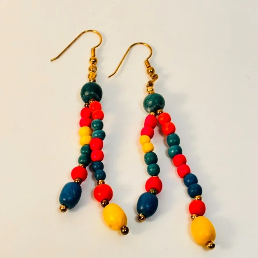 Vintage Wood Bead Dangle Earrings Multicolor Boho Statement Whimsygoth Jewelry